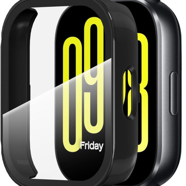 سكيدو جراب مع شاشة حماية من الزجاج المقوى متوافق مع ساعة ريدمي ووتش 5 اكتيف، جراب حماية كامل من البولي كربونات الصلب لحماية الوجه لساعة ريدمي ووتش 5 اكتيف (اسود)