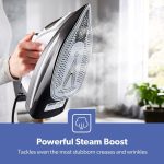 ⁦جيباس مكواة بخار سيراميك، تحكم في درجة الحرارة، لوحة نعل سيراميك Gsi24025، وظيفة التنظيف الذاتي الرطب والجاف انفجار بخار قوي 400 مل، خزان مياه ضمان لمدة عامين، بني، 3000 واط⁩ - الصورة ⁦4⁩