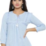 ياش غاليري بلوزة قطنية مطرزة للنساء (ازرق فاتح، مقاس L)