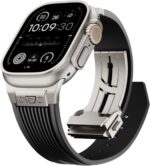 سوار ساعة لساعة ابل الترا 2 49 ملم 46 ملم 45 ملم 44 ملم، سوار مطاطي من السيليكون المتين الفاخر للرجال مع موصل معدني ومشبك قابل للطي لسلسلة اي ووتش 10 9 8 7 6 SE