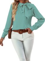 ⁦بلوزة انيقة للنساء برقبة مرتفعة واكمام طويلة مكشكشة بعقدة ربطة عنق⁩ - الصورة ⁦5⁩