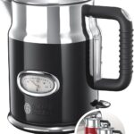 راسل هوبز غلاية [1.7 لتر، 2400 واط] من الستانلس ستيل المصقول الاسود الكلاسيكي (وظيفة الغليان السريع، عرض درجة حرارة الماء بتصميم رترو، مؤشر خارجي لمستوى المياه) ماكينة صنع الشاي العتيقة 21671-70