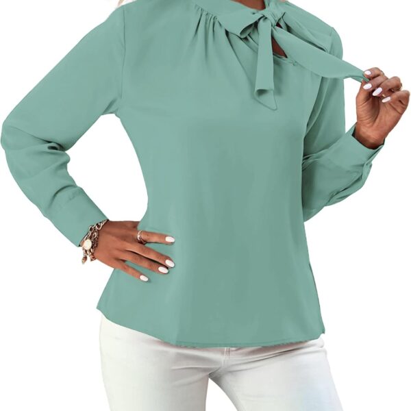 بلوزة انيقة للنساء برقبة مرتفعة واكمام طويلة مكشكشة بعقدة ربطة عنق