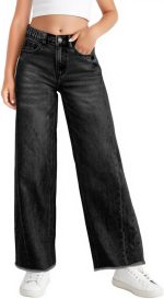 هالو مونينغ بنطلون جينز للبنات بارجل واسعة واستك وخصر مرتفع وحاشية خام مع جيوب لعمر 5-14 سنة