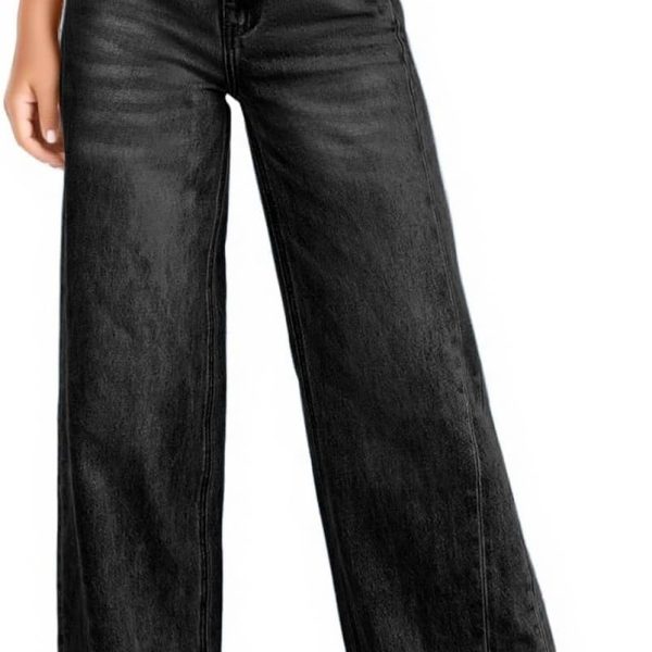 هالو مونينغ بنطلون جينز للبنات بارجل واسعة واستك وخصر مرتفع وحاشية خام مع جيوب لعمر 5-14 سنة