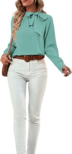 ⁦بلوزة انيقة للنساء برقبة مرتفعة واكمام طويلة مكشكشة بعقدة ربطة عنق⁩ - الصورة ⁦6⁩