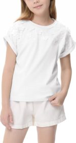 ⁦تي شيرت بناتي باكمام قصيرة سادة واساور اكمام مطوية ورقبة دائرية ضيقة عصرية مع زهور ثلاثية الابعاد مقسمة 3 دي 3-12 سنة⁩ - الصورة ⁦3⁩