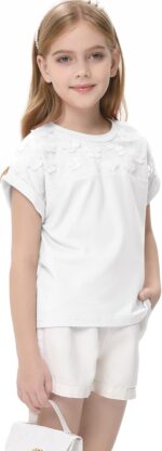 ⁦تي شيرت بناتي باكمام قصيرة سادة واساور اكمام مطوية ورقبة دائرية ضيقة عصرية مع زهور ثلاثية الابعاد مقسمة 3 دي 3-12 سنة⁩ - الصورة ⁦6⁩