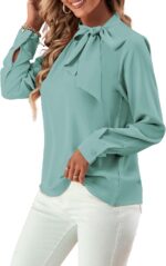 ⁦بلوزة انيقة للنساء برقبة مرتفعة واكمام طويلة مكشكشة بعقدة ربطة عنق⁩ - الصورة ⁦3⁩