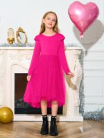 ⁦هالو مونينغ فساتين توتو للبنات الصغيرات من التول اللطيف بتصميم خريفي مكشكش واكمام طويلة وحافة مرتفعة ومنخفضة، فستان 5-14 سنة⁩ - الصورة ⁦5⁩