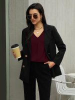 ⁦فانلينغو بلوزة نسائية بأكمام بطول 3/4، بلوزة أنيقة كاجوال بقبة V من الشيفون، قمصان عمل عصرية بكسرات⁩ - الصورة ⁦4⁩