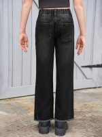 ⁦هالو مونينغ بنطلون جينز للبنات بارجل واسعة واستك وخصر مرتفع وحاشية خام مع جيوب لعمر 5-14 سنة⁩ - الصورة ⁦4⁩