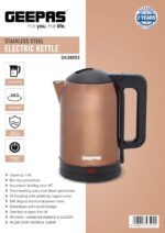 ⁦جيباس غلاية كهربائية من الستانلس ستيل بسعة 1.8 لتر - GK38053 | دوران 360 درجة، حماية من الغليان الجاف والقطع التلقائي، مثالية لغلي الماء والحليب والشاي | 1500 واط، لون نحاسي، كفالة لمدة عامين⁩ - الصورة ⁦9⁩