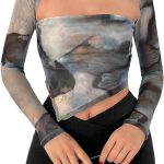 بلوزة قصيرة غير متماثلة مصبوغة بالربط واكمام طويلة وقبة مربعة للنساء من جورجليتر