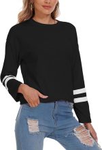 ⁦تي شيرت نسائي كبير الحجم برقبة دائرية ضيقة واكمام طويلة 2024 مريح من القطن المريح باللون الاسود مقاس M⁩ - الصورة ⁦4⁩