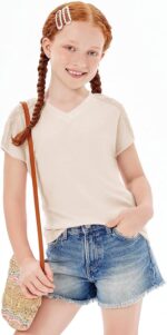 ⁦تيشيرتات صيفية للبنات بقبة V واكمام قصيرة وتصميم منقط سويسري لطيف وعصري لعمر 5-14 سنة⁩ - الصورة ⁦5⁩