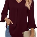 فانلينغو بلوزة نسائية بأكمام بطول 3/4، بلوزة أنيقة كاجوال بقبة V من الشيفون، قمصان عمل عصرية بكسرات