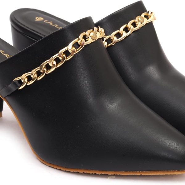 حذاء مفتوح من الخلف بكعب عريض مع سلسلة ذهبية للنساء من 9 ثريدز - حذاء انيق سهل الارتداء للارتداء في المكتب والحفلات