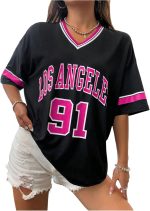 قمصان جيرسي كبيرة الحجم مخططة برقبة على شكل حرف V للنساء من جورجليتر