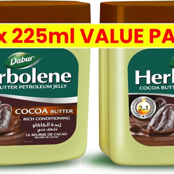 دابور جيلي بترولي بزبدة الكاكاو من هيربولين (2 × 225 مل) | غني بزبدة الكاكاو وفيتامين E | لإصلاح البشرة الخشنة الجافة والشفاه المتشققة |