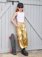 ⁦سروال رياضي كارجو معدني للفتيات الصغيرات، ملابس رقص هيب هوب لامعة بخصر مرتفع لعمر 5-14 سنة⁩ - الصورة ⁦5⁩