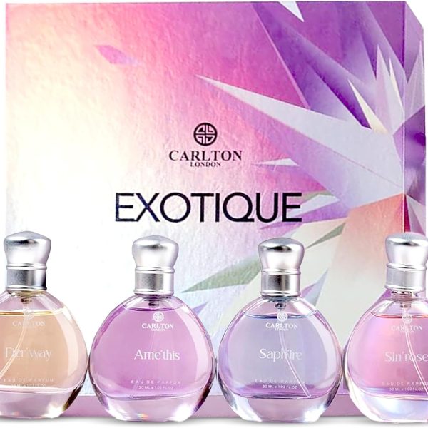 كارلتون لندن مجموعة هدايا اكسوتيك مكونة من 4 عطور فاخرة - 30 مل لكل عطر اي او دي بارفان برائحة البرتقال والارز والعسل والورد او دو بارفان فاخر للفتيات والسيدات | افضل مجموعة هدايا للنساء