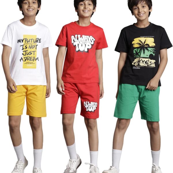 طقم تيشيرت وشورت بكتف متدلي للاولاد BYS-TSRT-SHRTS-03 (عبوة من 3 قطع)