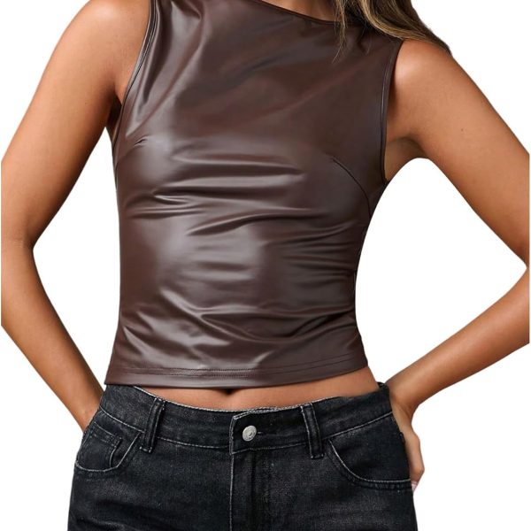 توب بدون اكمام للنساء من جورجليتر، مصنوع من جلد البولي يوريثين بقبة قارب مكشكشة بدون اكمام وقصة ضيقة للحفلات