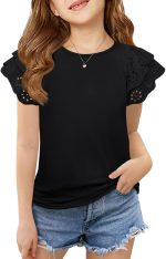 تيشيرتات صيفية باكمام مكشكشة للبنات باكمام قصيرة كاجوال لطيفة برقبة دائرية ضيقة مناسبة لعمر 5-14 سنة