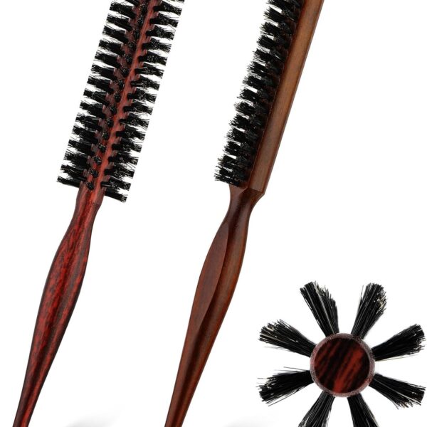 مجموعة فرش مستديرة من فيكسيميند - 2 فرشاة شعر صغيرة بشعيرات خنزير لتجفيف الشعر والتجعيد والتصفيف وفك التشابك، مع مقبض خشبي للسفر او استخدام صالونات التجميل