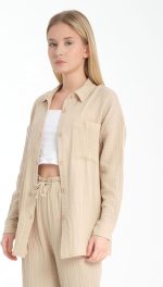 ⁦قميص للنساء من قطن الموسلين بازرار امامية واكمام طويلة، كاجوال بمقاس كبير⁩ - الصورة ⁦2⁩