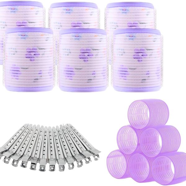 مجموعة بكرات شعر متوسطة وصغيرة من ايلور، 12 قطعة من بكرات الشعر ذاتية الإمساك 40 ملم و30 ملم و12 قطعة من مشابك تقسيم منقار البطة لصالونات الحلاقة وتصفيف الشعر (متنوعة)