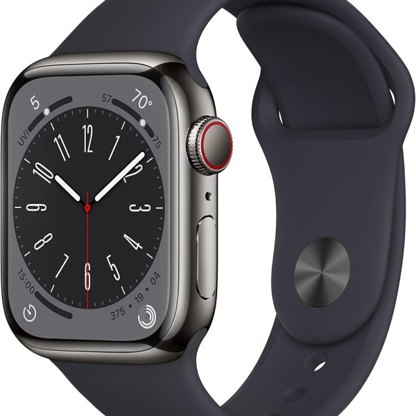 ساعة ابل سلسلة 8 (نظام تحديد المواقع + وظيفه الإتصال الخلوي، 41 ملم) هيكل حديدي مقاول للصدأ بلون رمادي وسوار رياضي بلون سماء الليل - مقاس عادي