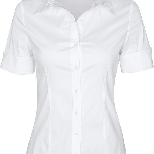 قميص بيسيك بسيط باكمام قصيرة وازرار سفلية للنساء قابل للتمدد باكمام طويلة و3/4 كم