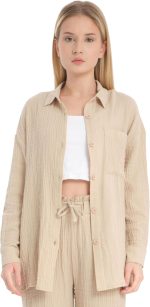 قميص للنساء من قطن الموسلين بازرار امامية واكمام طويلة، كاجوال بمقاس كبير