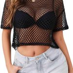 Avidlove Women's Sheer Fishnet Top Sexy Short Sleeves Net T Shirts Crop Top