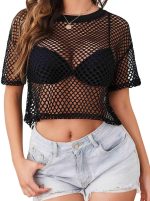 Avidlove Women's Sheer Fishnet Top Sexy Short Sleeves Net T Shirts Crop Top