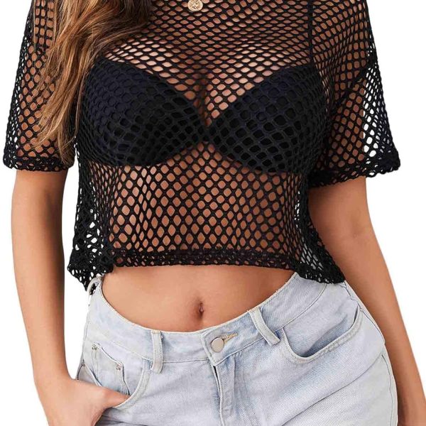 Avidlove Women's Sheer Fishnet Top Sexy Short Sleeves Net T Shirts Crop Top