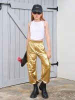 ⁦سروال رياضي كارجو معدني للفتيات الصغيرات، ملابس رقص هيب هوب لامعة بخصر مرتفع لعمر 5-14 سنة⁩ - الصورة ⁦4⁩