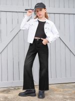 ⁦هالو مونينغ بنطلون جينز للبنات بارجل واسعة واستك وخصر مرتفع وحاشية خام مع جيوب لعمر 5-14 سنة⁩ - الصورة ⁦5⁩