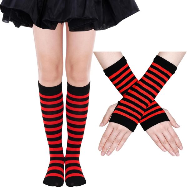 دي اكس اتش واي سي سي طقم جوارب مخططة بطول الركبة وقفازات لتدفئة الذراع بدون اصابع لحفلات الهالوين التنكرية