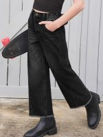 ⁦هالو مونينغ بنطلون جينز للبنات بارجل واسعة واستك وخصر مرتفع وحاشية خام مع جيوب لعمر 5-14 سنة⁩ - الصورة ⁦3⁩