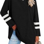 تي شيرت نسائي كبير الحجم برقبة دائرية ضيقة واكمام طويلة 2024 مريح من القطن المريح باللون الاسود مقاس M