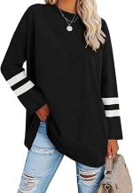 تي شيرت نسائي كبير الحجم برقبة دائرية ضيقة واكمام طويلة 2024 مريح من القطن المريح باللون الاسود مقاس M