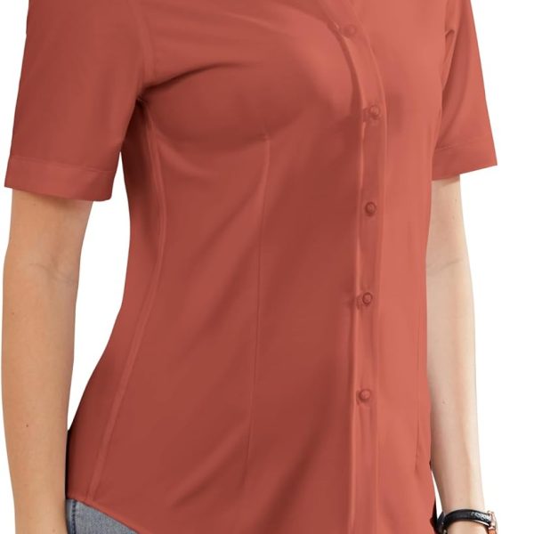 قمصان رسمية للنساء خالية من التجاعيد بازرار سفلية قصيرة الاكمام قميص عمل بياقة للنساء