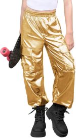 سروال رياضي كارجو معدني للفتيات الصغيرات، ملابس رقص هيب هوب لامعة بخصر مرتفع لعمر 5-14 سنة