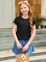 ⁦تيشيرتات صيفية باكمام مكشكشة للبنات باكمام قصيرة كاجوال لطيفة برقبة دائرية ضيقة مناسبة لعمر 5-14 سنة⁩ - الصورة ⁦4⁩