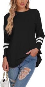 ⁦تي شيرت نسائي كبير الحجم برقبة دائرية ضيقة واكمام طويلة 2024 مريح من القطن المريح باللون الاسود مقاس M⁩ - الصورة ⁦5⁩