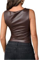 ⁦توب بدون اكمام للنساء من جورجليتر، مصنوع من جلد البولي يوريثين بقبة قارب مكشكشة بدون اكمام وقصة ضيقة للحفلات⁩ - الصورة ⁦3⁩