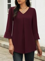 ⁦فانلينغو بلوزة نسائية بأكمام بطول 3/4، بلوزة أنيقة كاجوال بقبة V من الشيفون، قمصان عمل عصرية بكسرات⁩ - الصورة ⁦2⁩